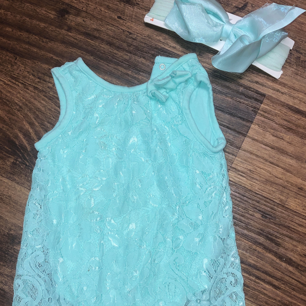 Precious Infant Onsie Teal Dress with matching bow